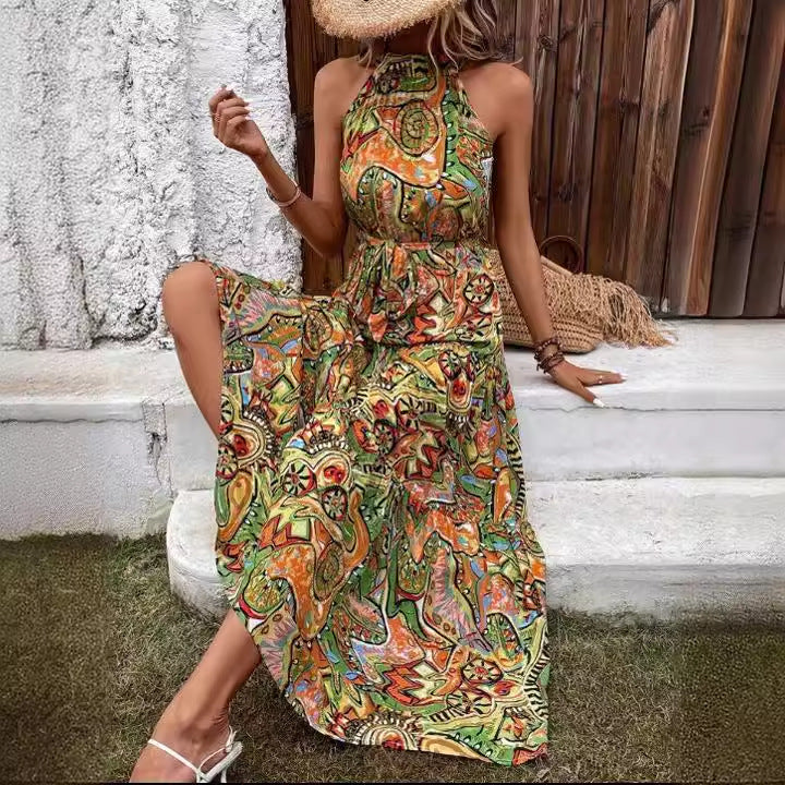 Women's Autumn Vintage Print Halter Bohemian Dress Dresses