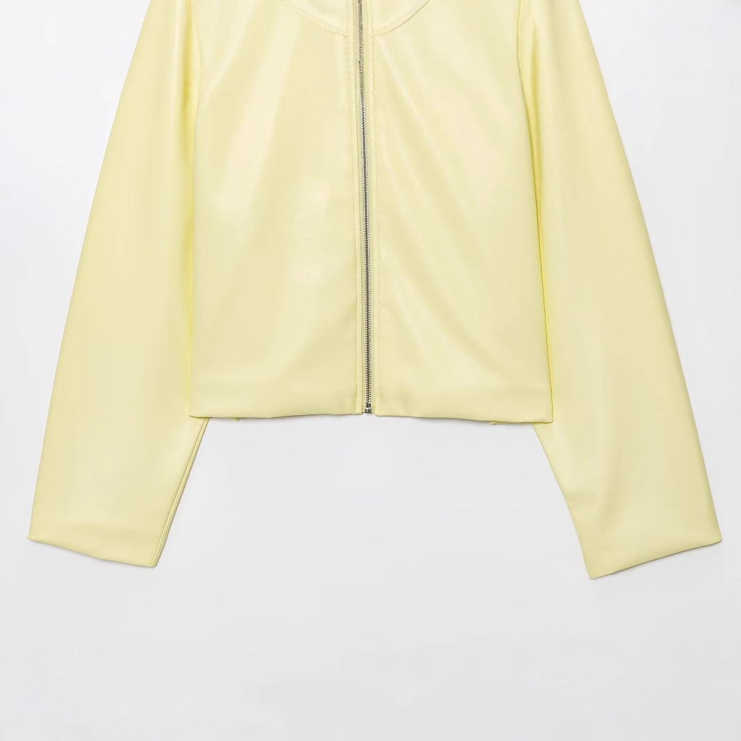 Summer Vintage Cream Lapel Zipper Leather Jackets