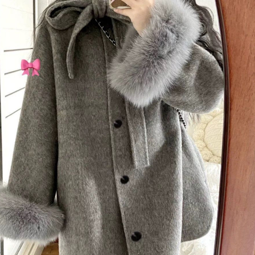 Women's Hepburn Style Gray Woolen Small Mid-length Coats