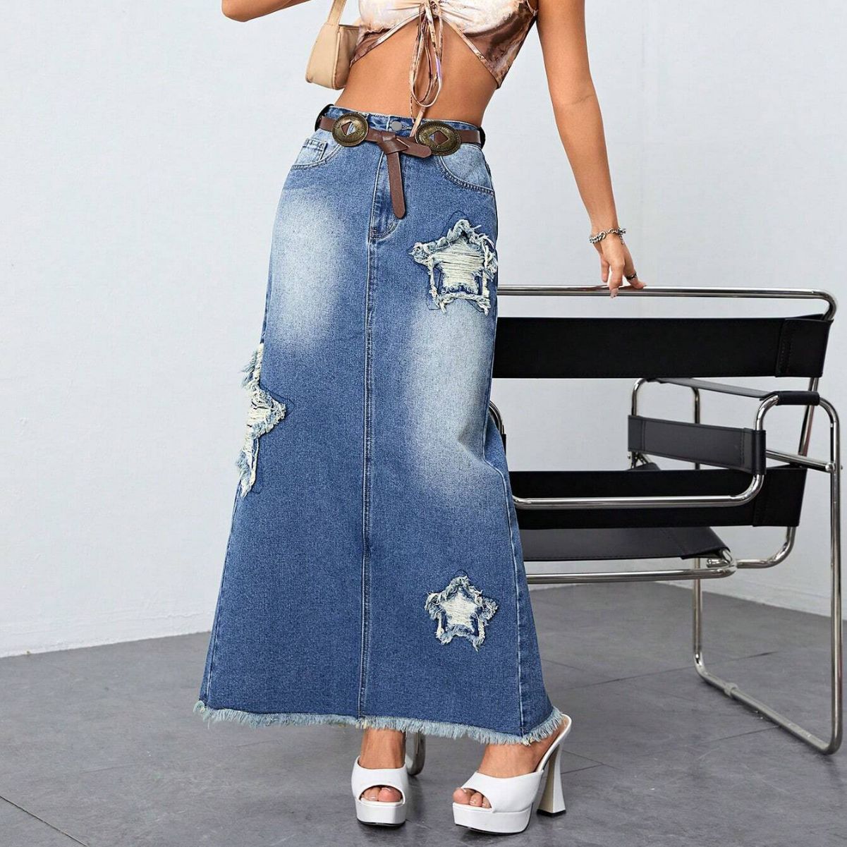 Women's Frayed Worn Denim High Waist Slit Skirts
