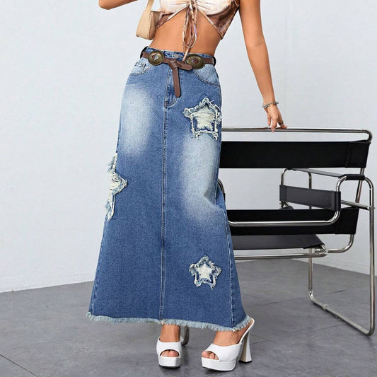 Women's Frayed Worn Denim High Waist Slit Skirts
