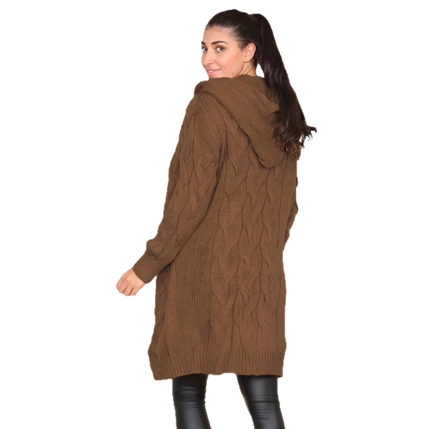 Women's Solid Color Hooded Twisted Knitted Mid-length Knitwear