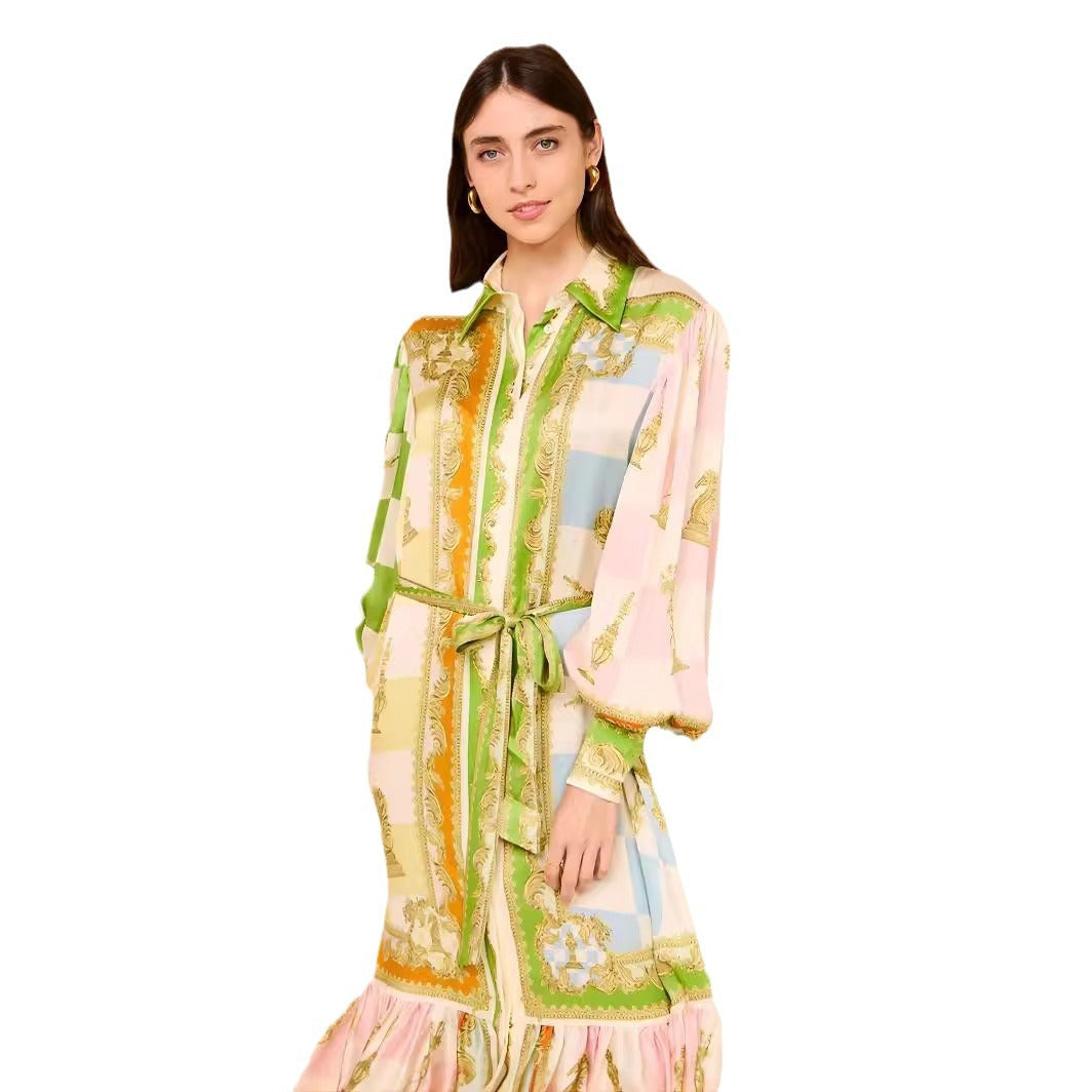 Single-breasted Long Lantern Sleeve Iti Printing Dresses