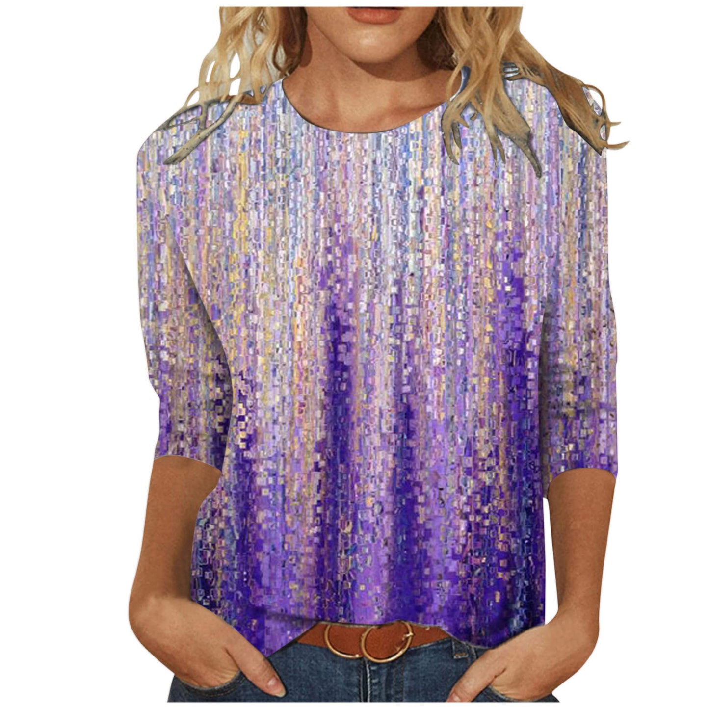 Women's Round Neck Long Sleeve Loose Print Blouses