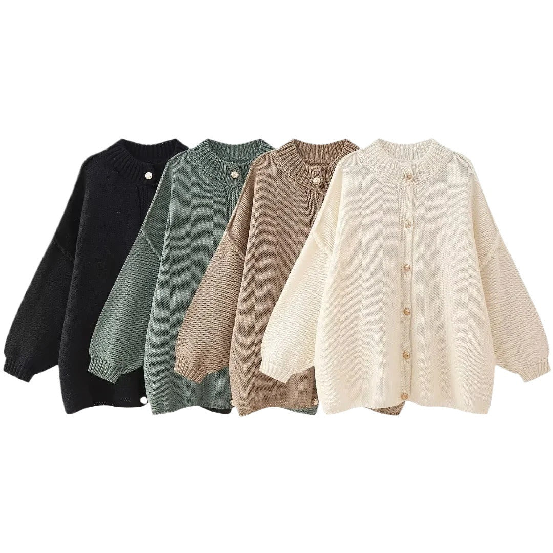 Women's Fastener Decoration Batwing Sleeve Metal Stand Knitwear