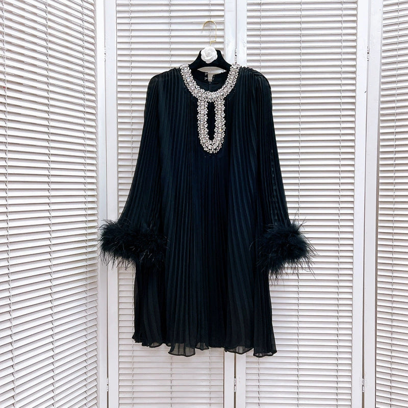 Women's Australian Fashion Beaded Feather Sleeve Long Autumn Hollow Pleated Dresses