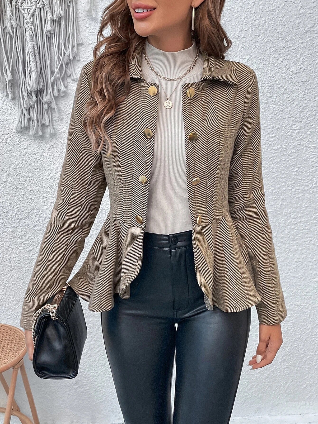 Women's Lapel Jacquard Ruffled Slim Double-breasted Temperament Blazers