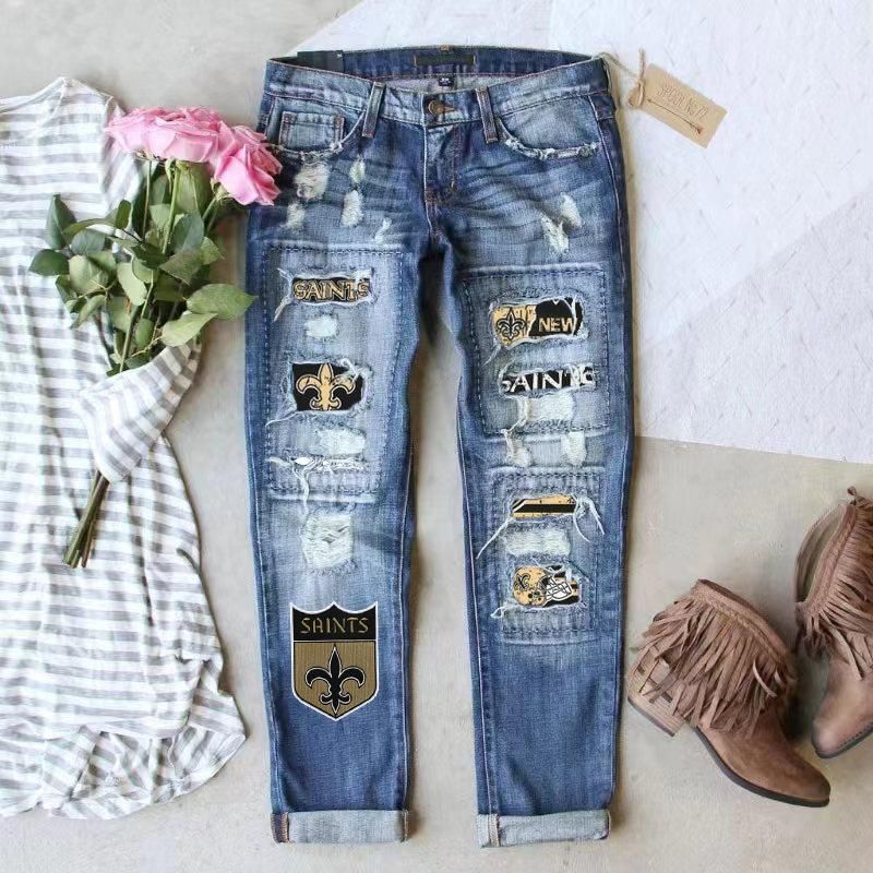Women's Innovative Fashion Printing Hole Straight Jeans