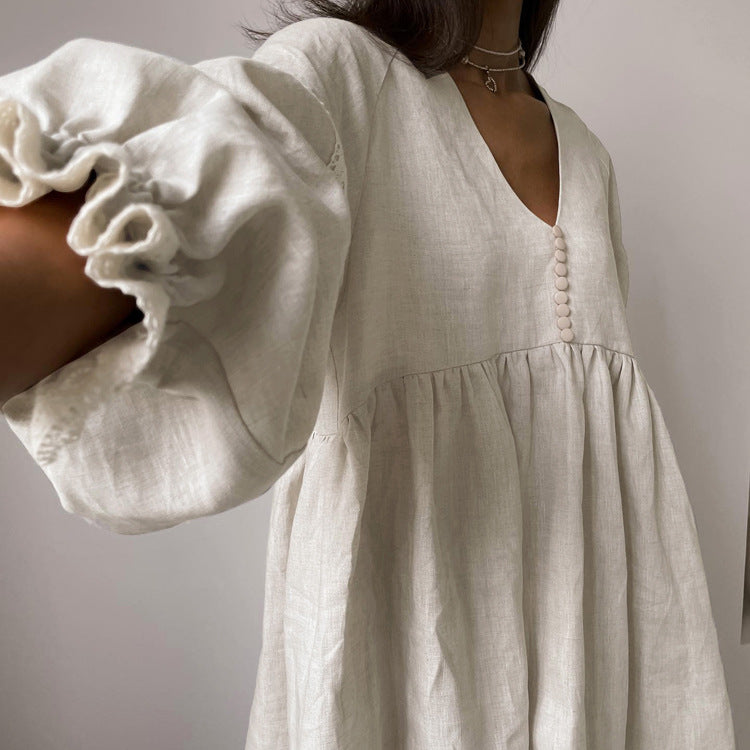 Women's Linen French Dress Temperament Commute Lantern Dresses
