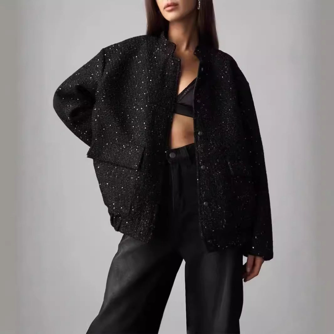 Women's Beads Decoration Small Stand-up Collar Jackets