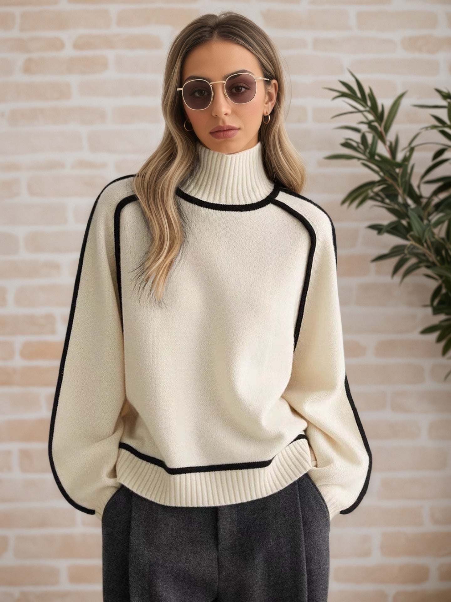 Women's Half Turtleneck With Shoulder Sleeve Elegant Line Thread Sweaters