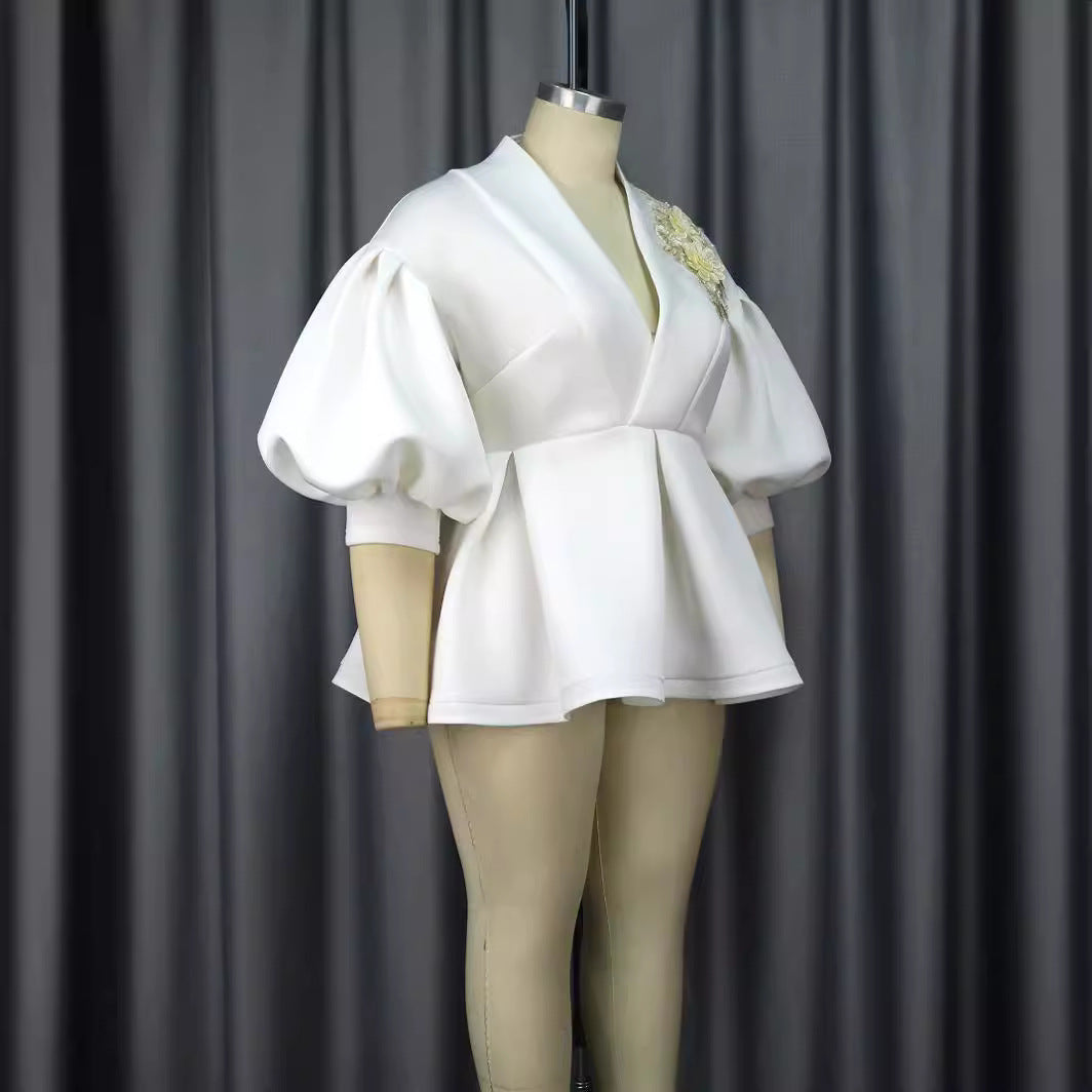 Women's Bishop Sleeves Temperament Style Collar Embroidered Blouses