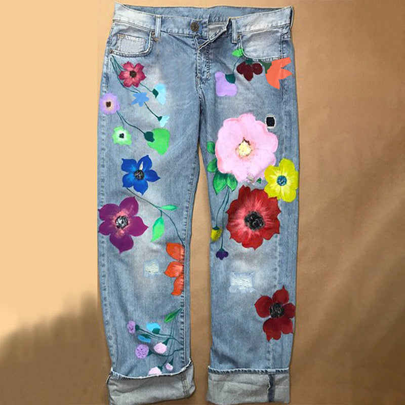 Women's Quality Blockbusters Exquisite Printing Denim Straight Go Out Jeans