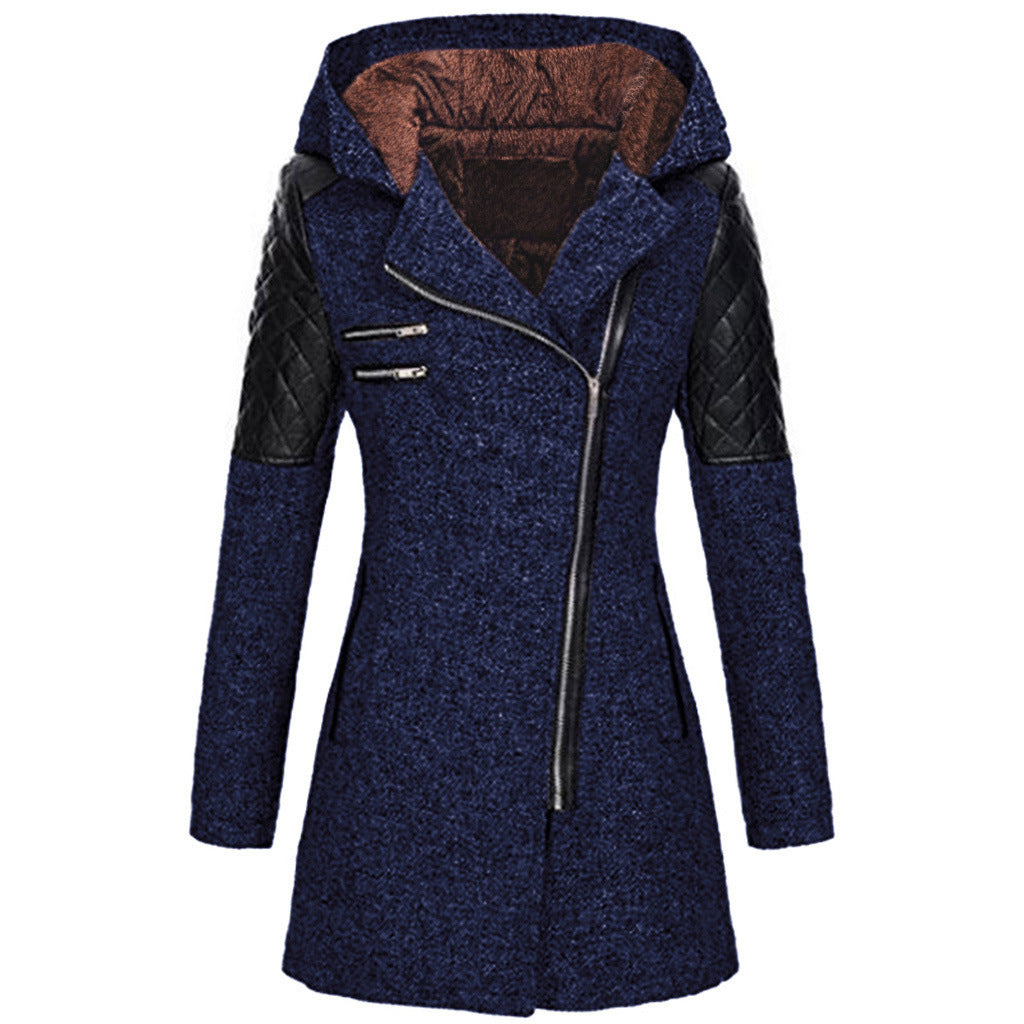 Women's Zipper Hooded Woolen Trench Mid-length Thick Coats