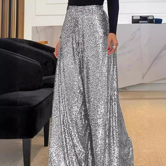 Elegant Commuter Everyday Style Pure Color Sequins Wide Pants