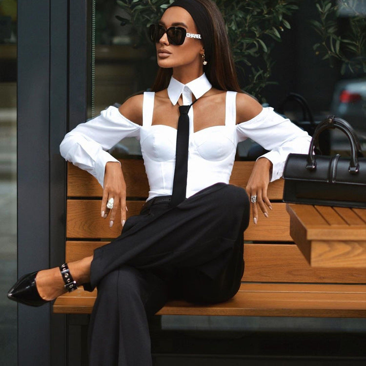 Women's Low-cut Sexy Shirt Long Sleeve Tie Tops