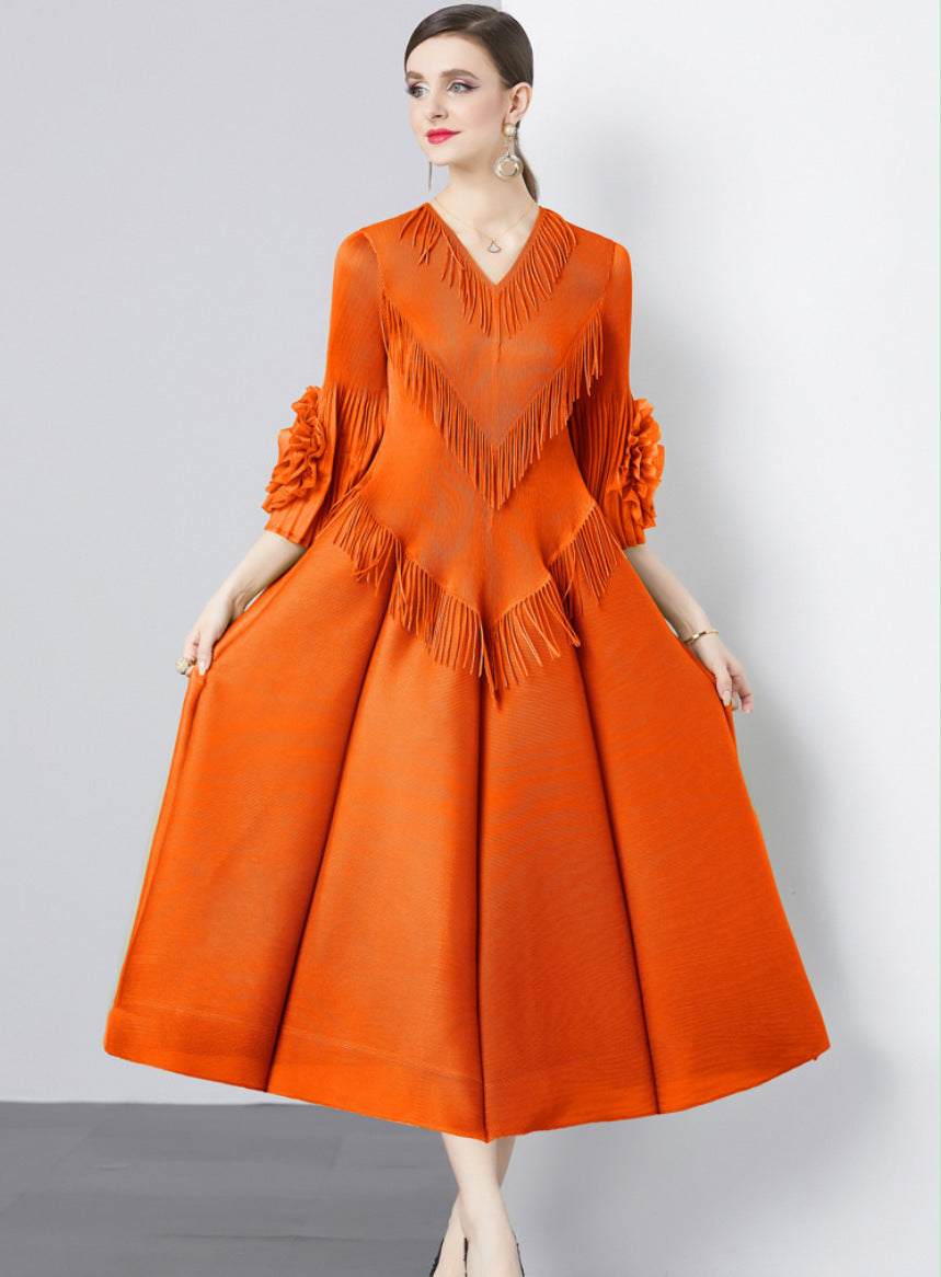 Ruffled Plate Flower Tassel Stitching Geometric Dresses