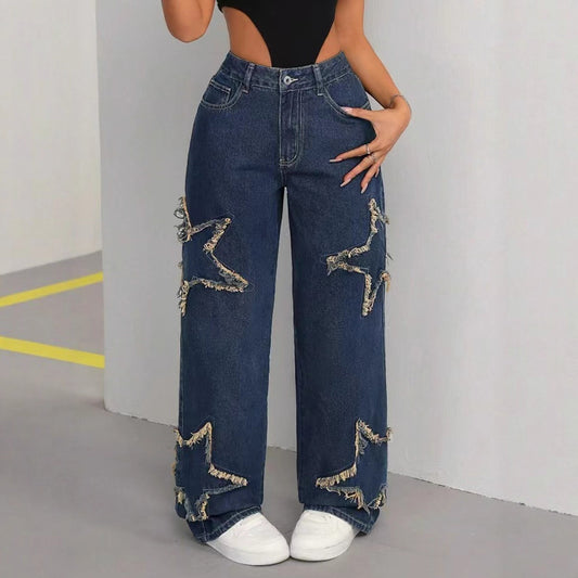 Women's Patch Pentagram Tassel Loose Burrs Straight Jeans