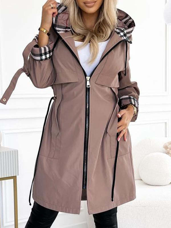 Slouchy Hooded Plaid Casual Long-sleeved Trench Coats