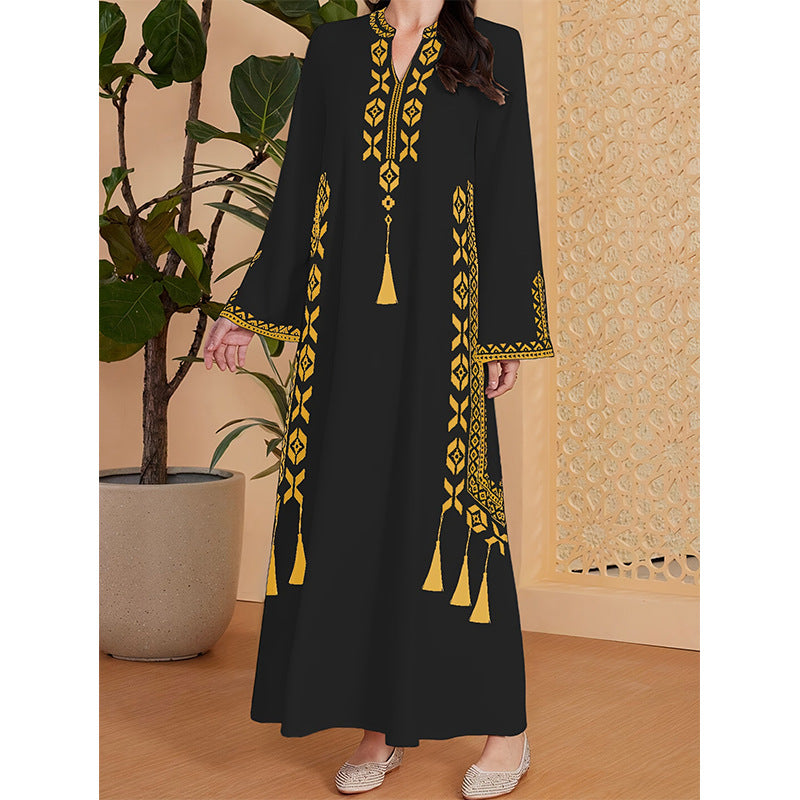 Women's Ethnic Embroidered Robe Loose-fitting Long Sleeves A- Line Dress