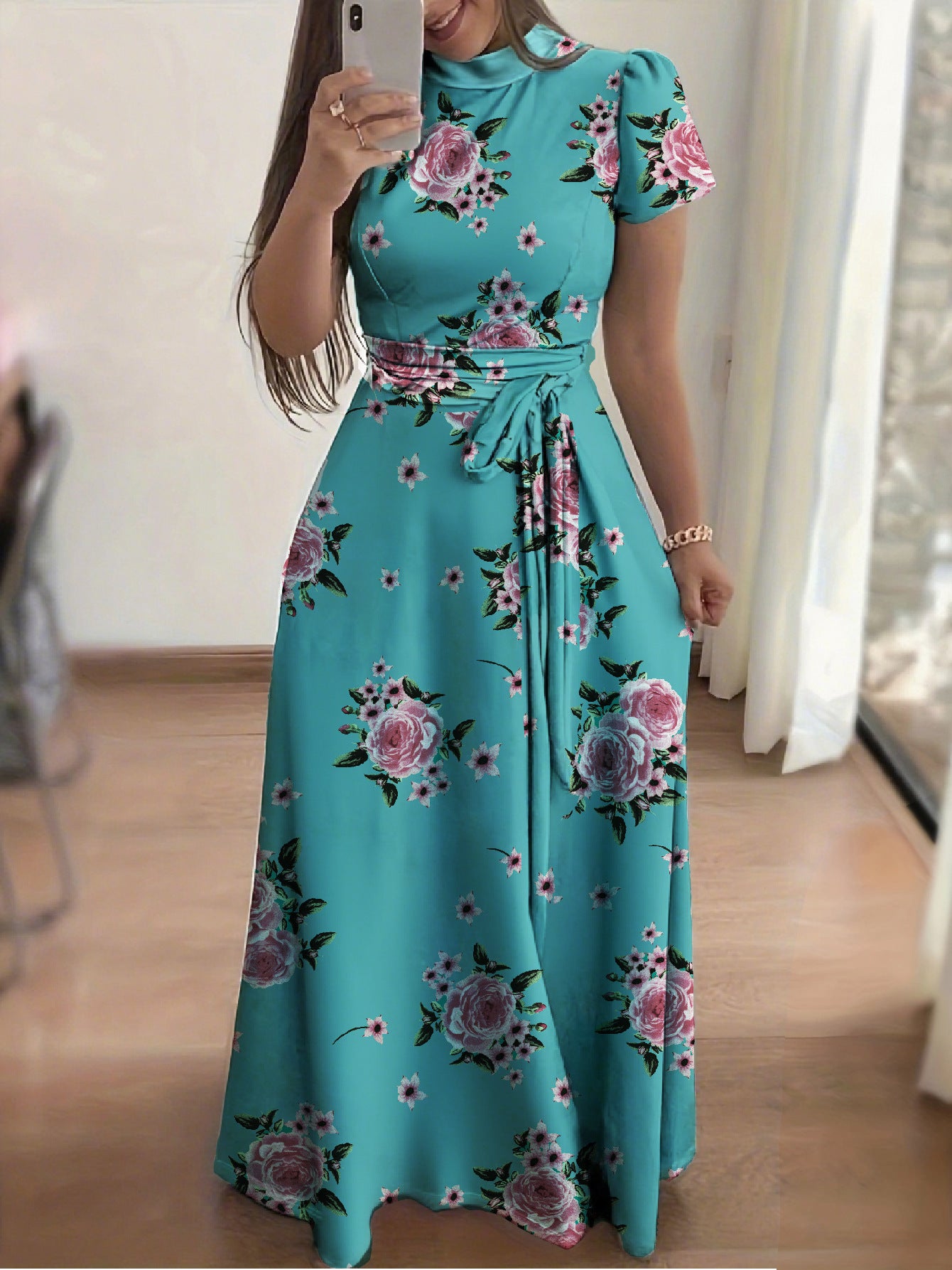 Women's Autumn Flower Print Sleeve Large Swing Dress