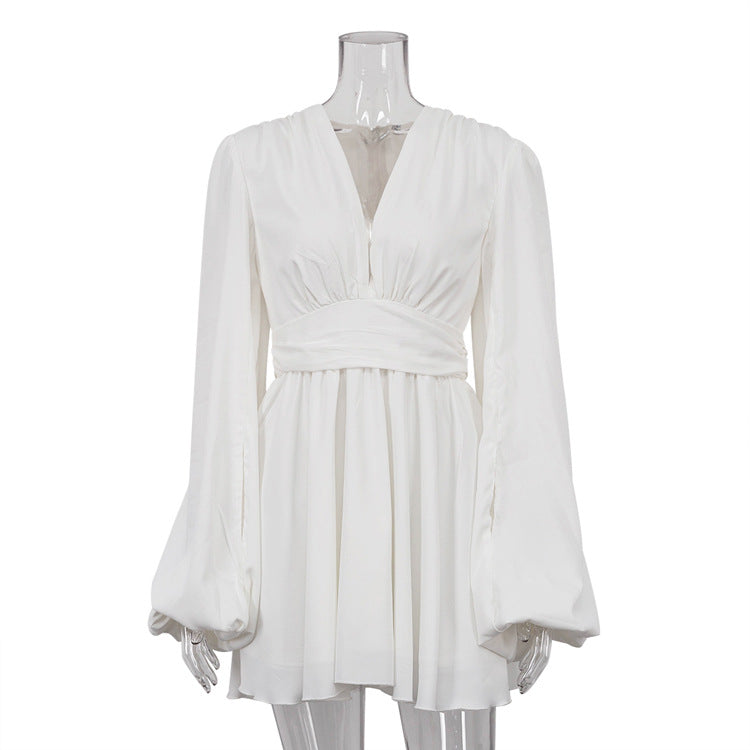 Women's Spring French Style Puff Sleeve High Waist Dresses