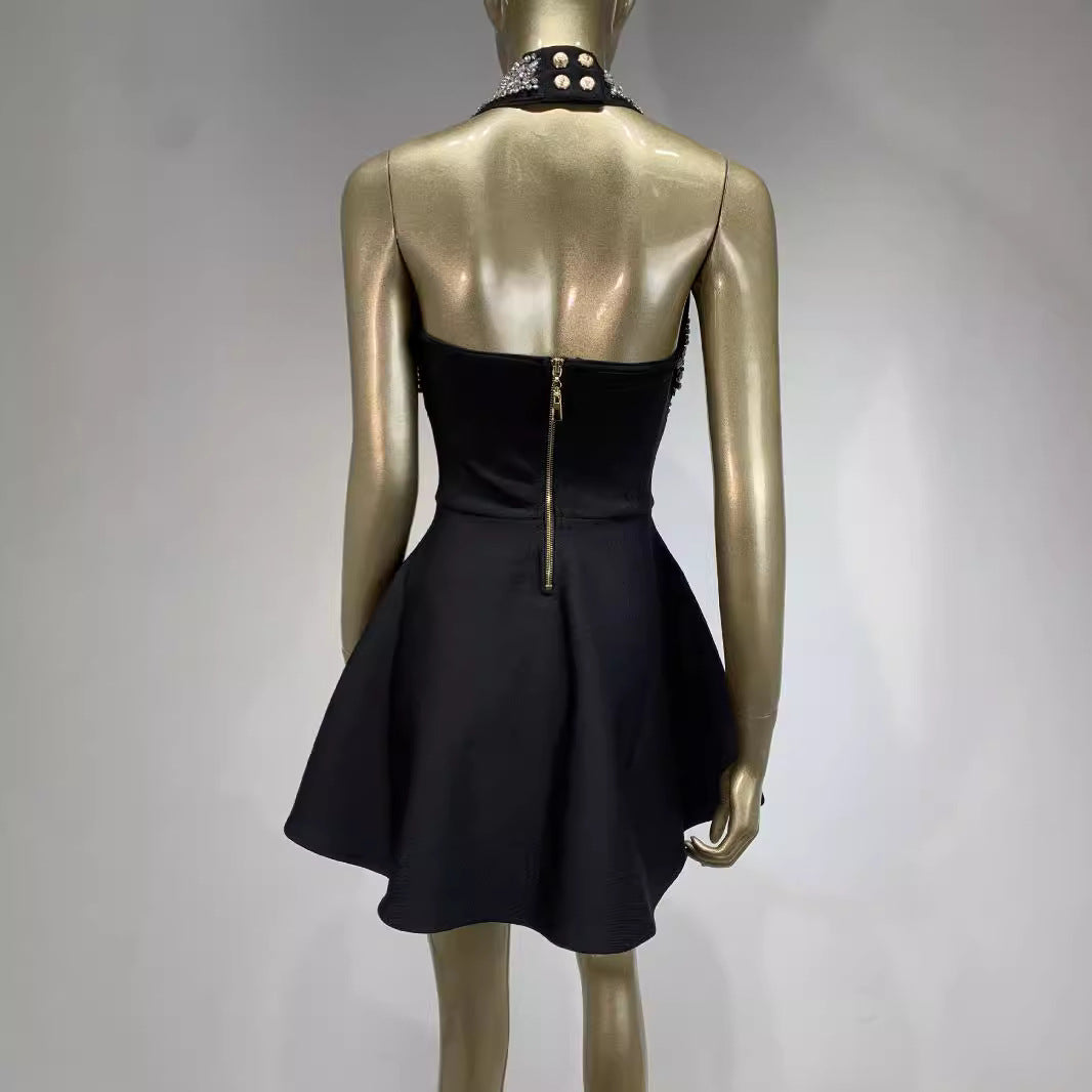 Summer Halter Bandage Dress Rhinestone Single-breasted A- Line Dresses