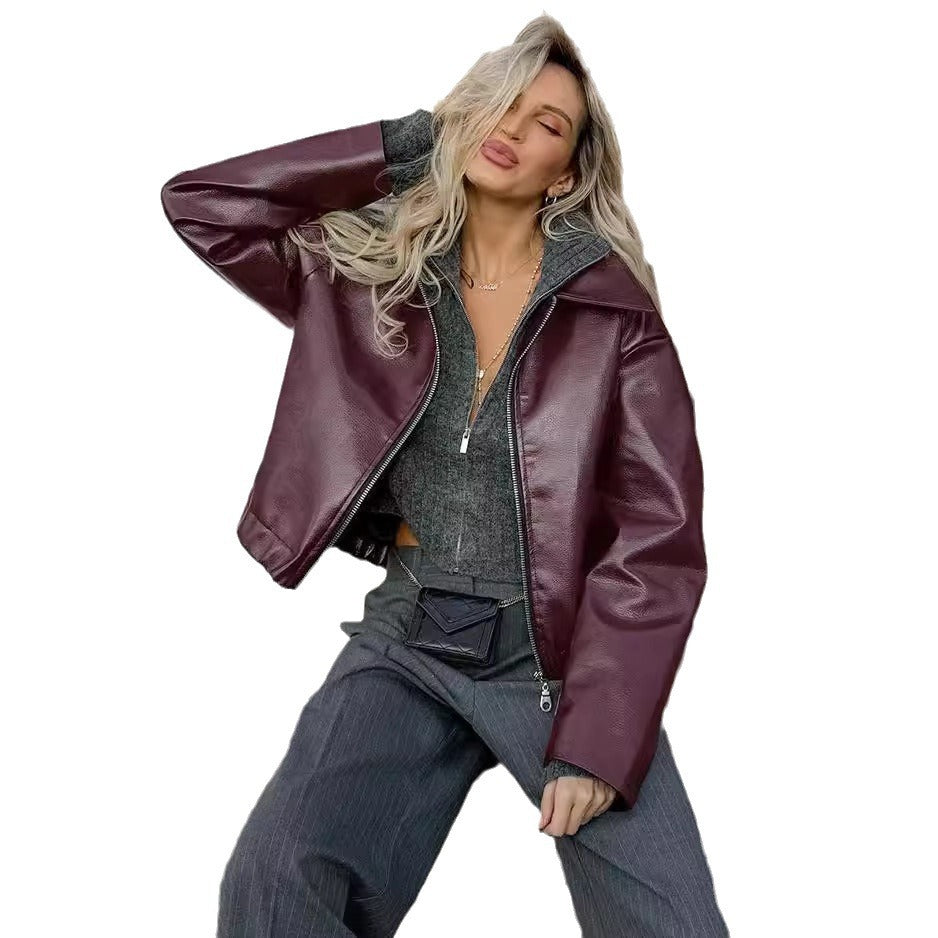 Women's Locomotive Style Leather Baggy Fashion Overcoat Jackets