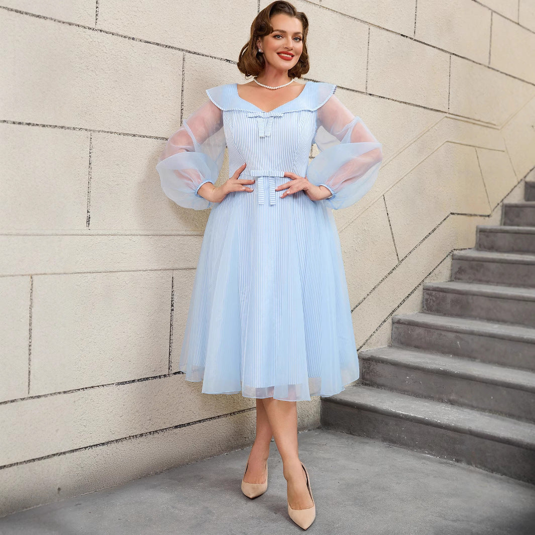 Stitching Yarn-dyed Stripes A- Line Dress Dresses