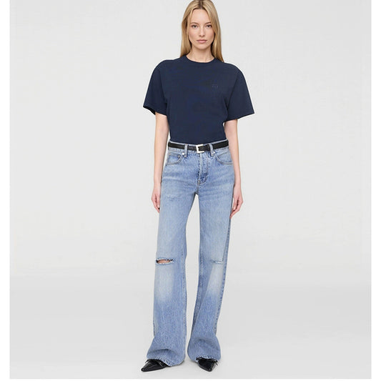 Women's North American Niche Classic Embroidery Navy Blue Cotton Blouses