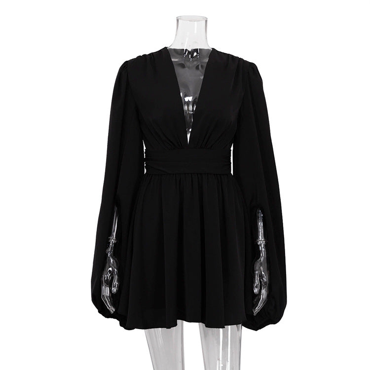 Women's Spring French Style Puff Sleeve High Waist Dresses