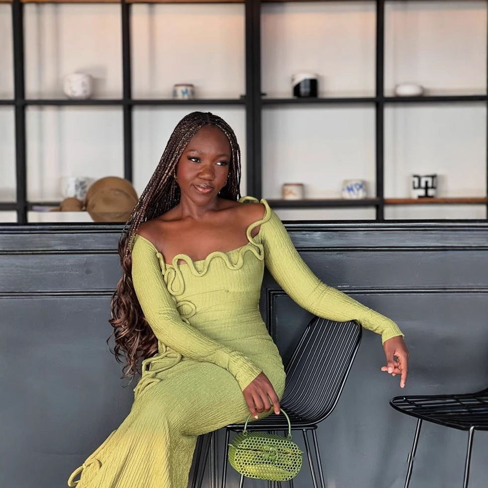 String Decorative Square Collar Long Sleeve Dresses