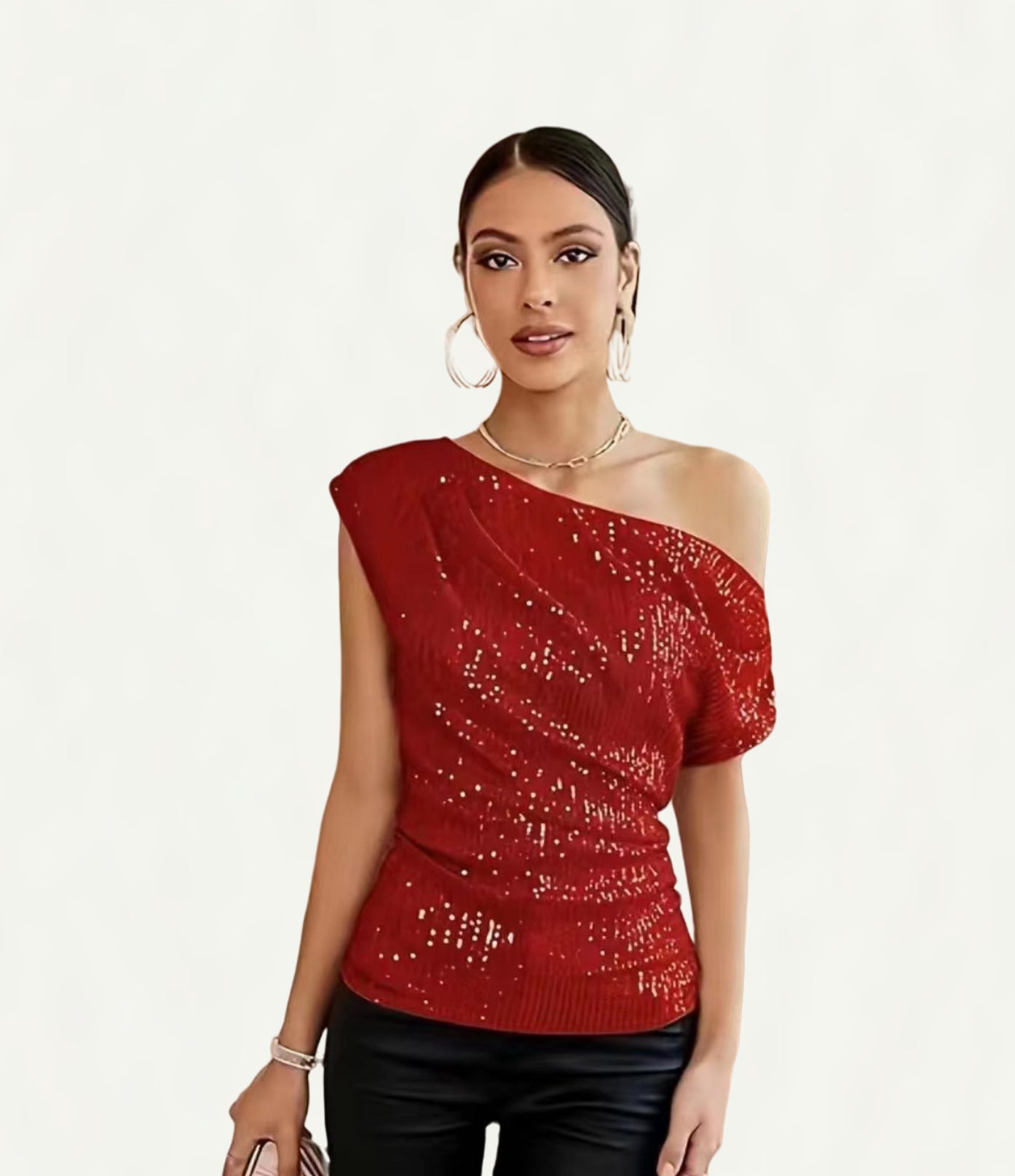 Women's Glitter Sequin Diagonal Collar Sleeve Summer Blouses