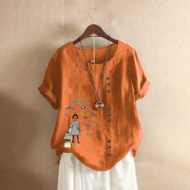 Women's Retro Cotton Linen Printed Casual Shirt Blouses