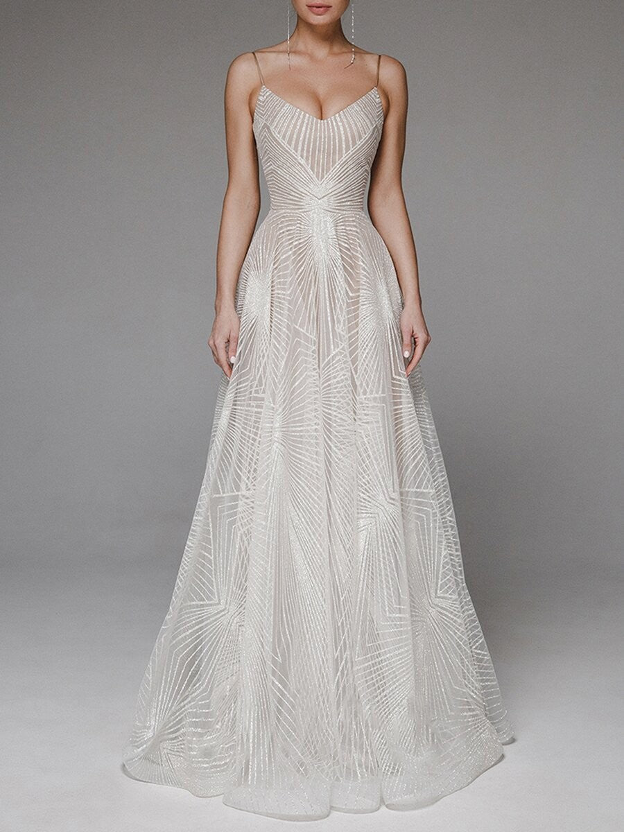 Women's Long Dress Sexy Strap Embroidered Sleeveless Wedding Dresses