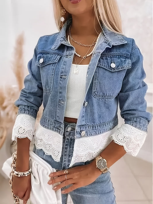 Women's Elastic Cuff Hem Lace Long-sleeved Denim Coats