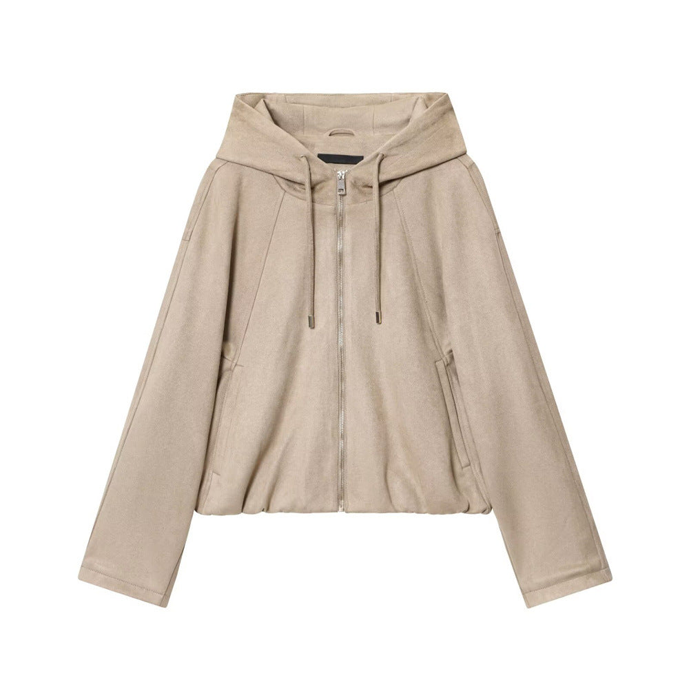 Women's Autumn Hooded Drawstring Zipper Pocket Deerskin Jackets