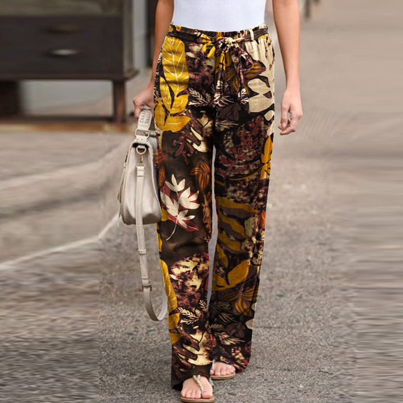 Women's Printed Cotton Linen Casual Comfortable Elastic Pants