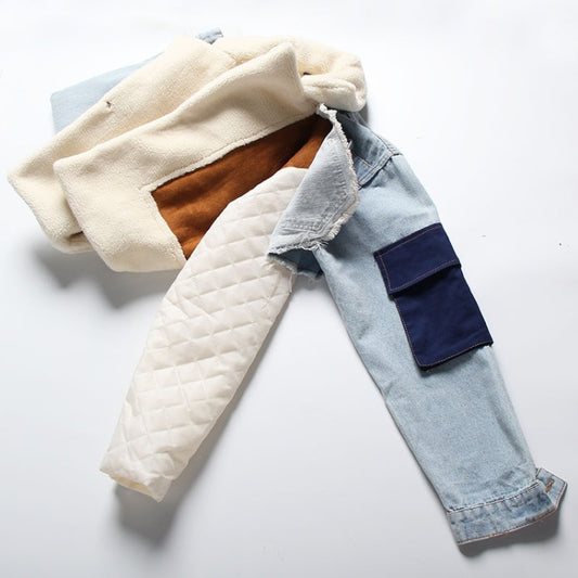 Women's Padded Denim Splicing Winter Lamb Wool Jackets