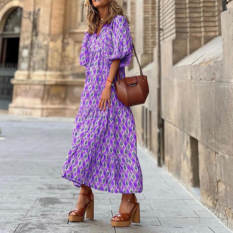 Women's Autumn Geometric Collage Puff Sleeve Dress Street Clothing