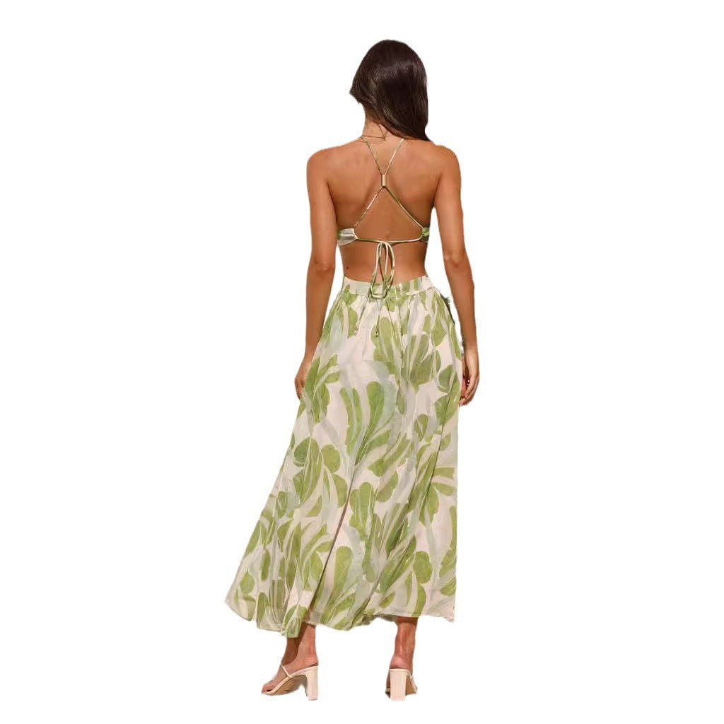 Women's Summer Backless Lace Printing Swing Long Dresses