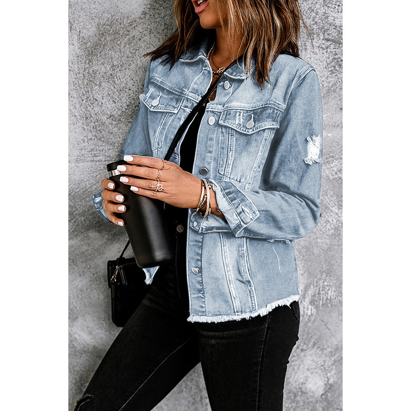 Women's Solid Color Single Row Washed Denim Cardigans