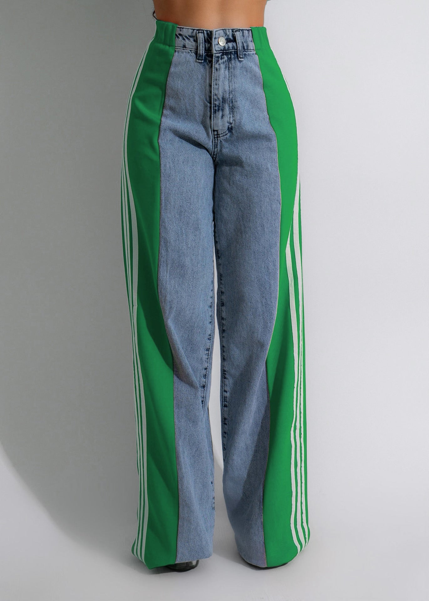 Women's Striped Wide Leg Denim Trousers Casual Jeans