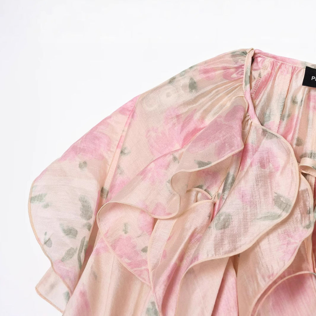 Women's Spring Ruffled Long Sleeve Printed Shirt Clothing