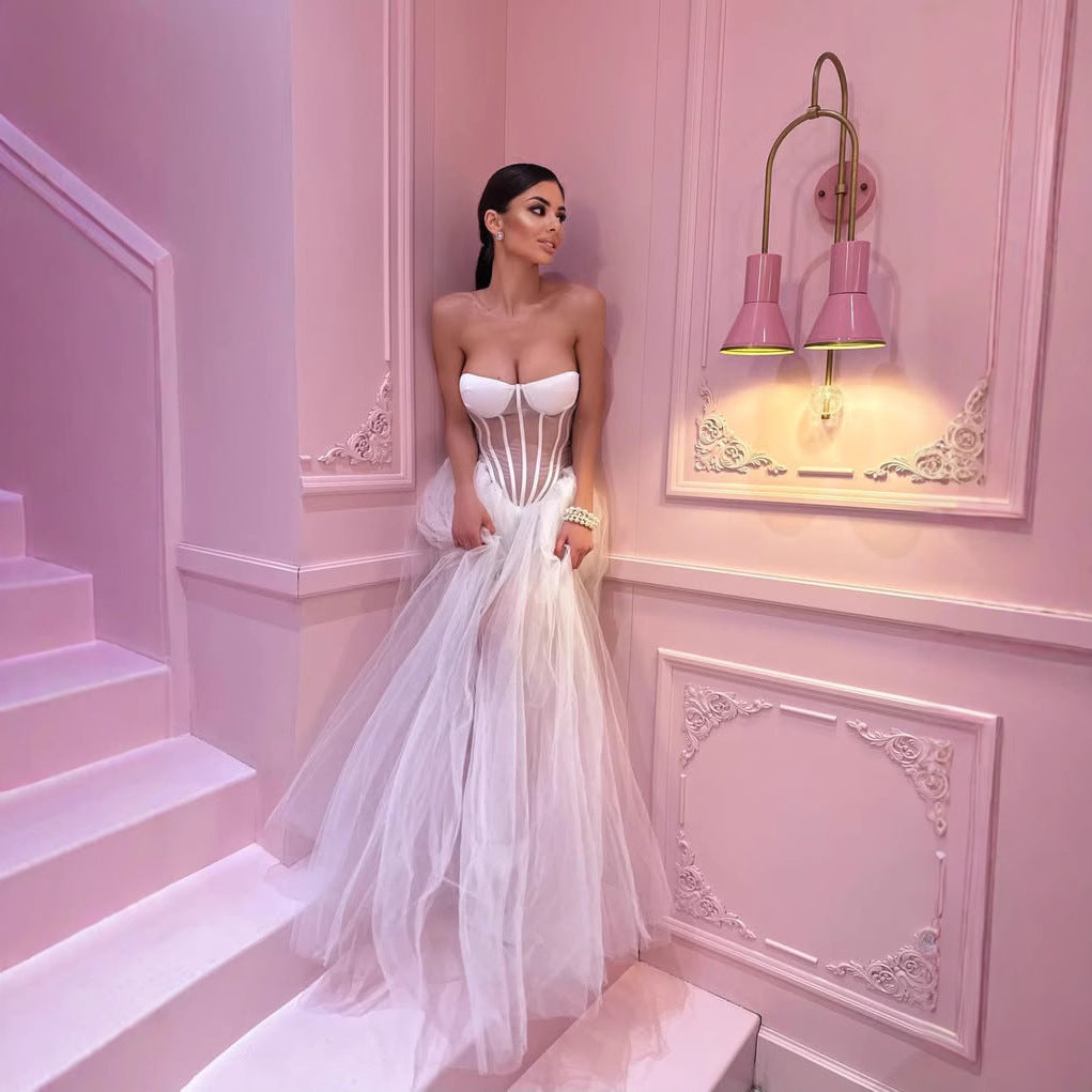 Fishbone Tube Dress Elegant Mesh Long Dresses