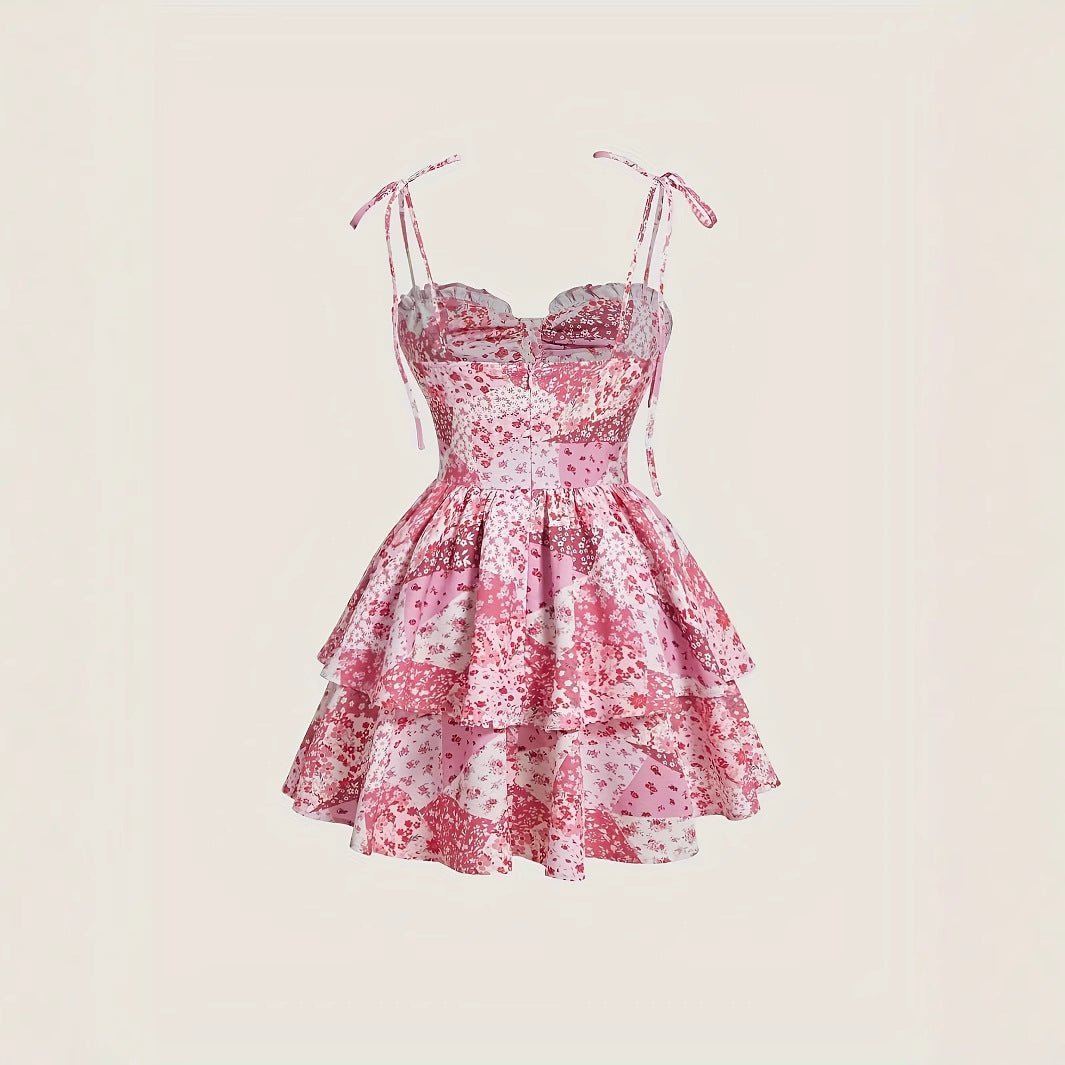 Women's Floral Suspender Layered Dress Vintage Pink Dresses
