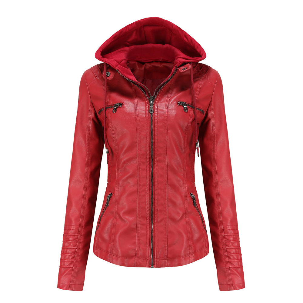 Women's Hooded Leather Two-piece Detachable Large For Jackets
