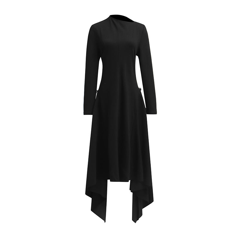 Diagonal Collar Asymmetric Large Hem Ruffled Dresses