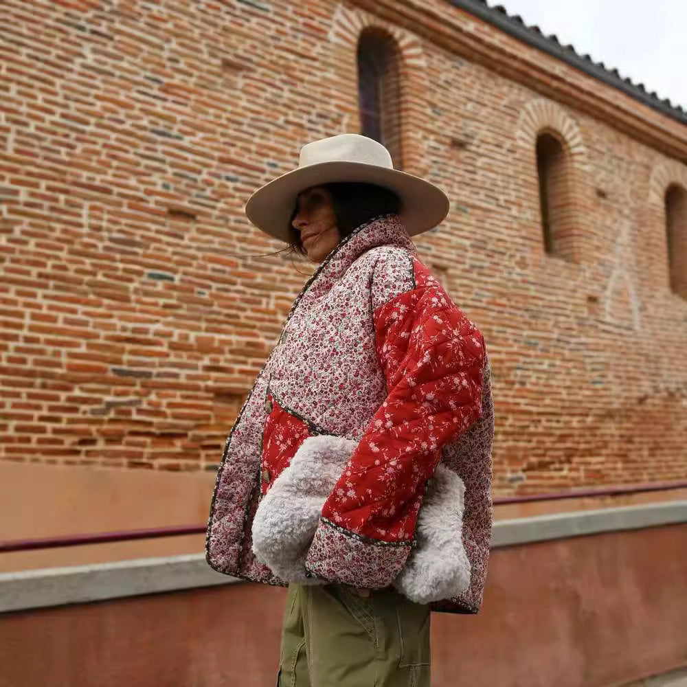 Women's Printing Lapel Contrast Color Casual Loose Coats