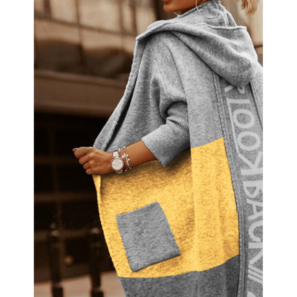 Women's Color Matching Pocket Hooded Casual Long Knitwear